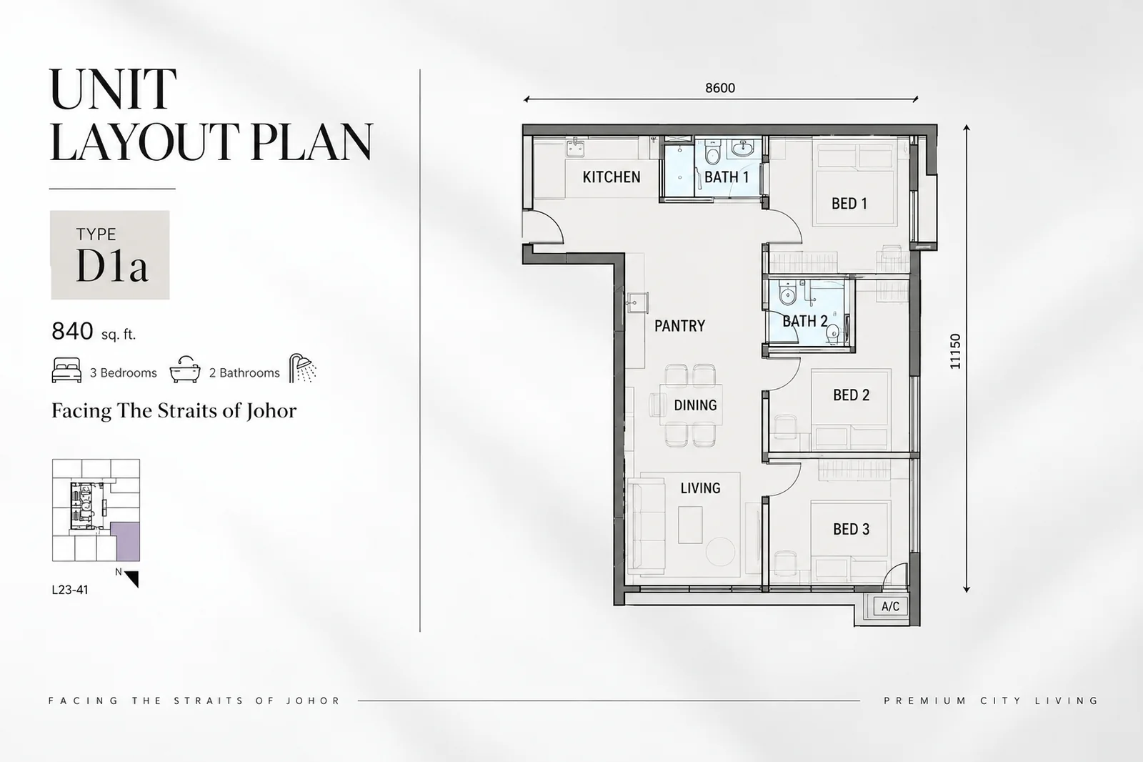 Unit layout plan — Type D1a, 3 bedroom