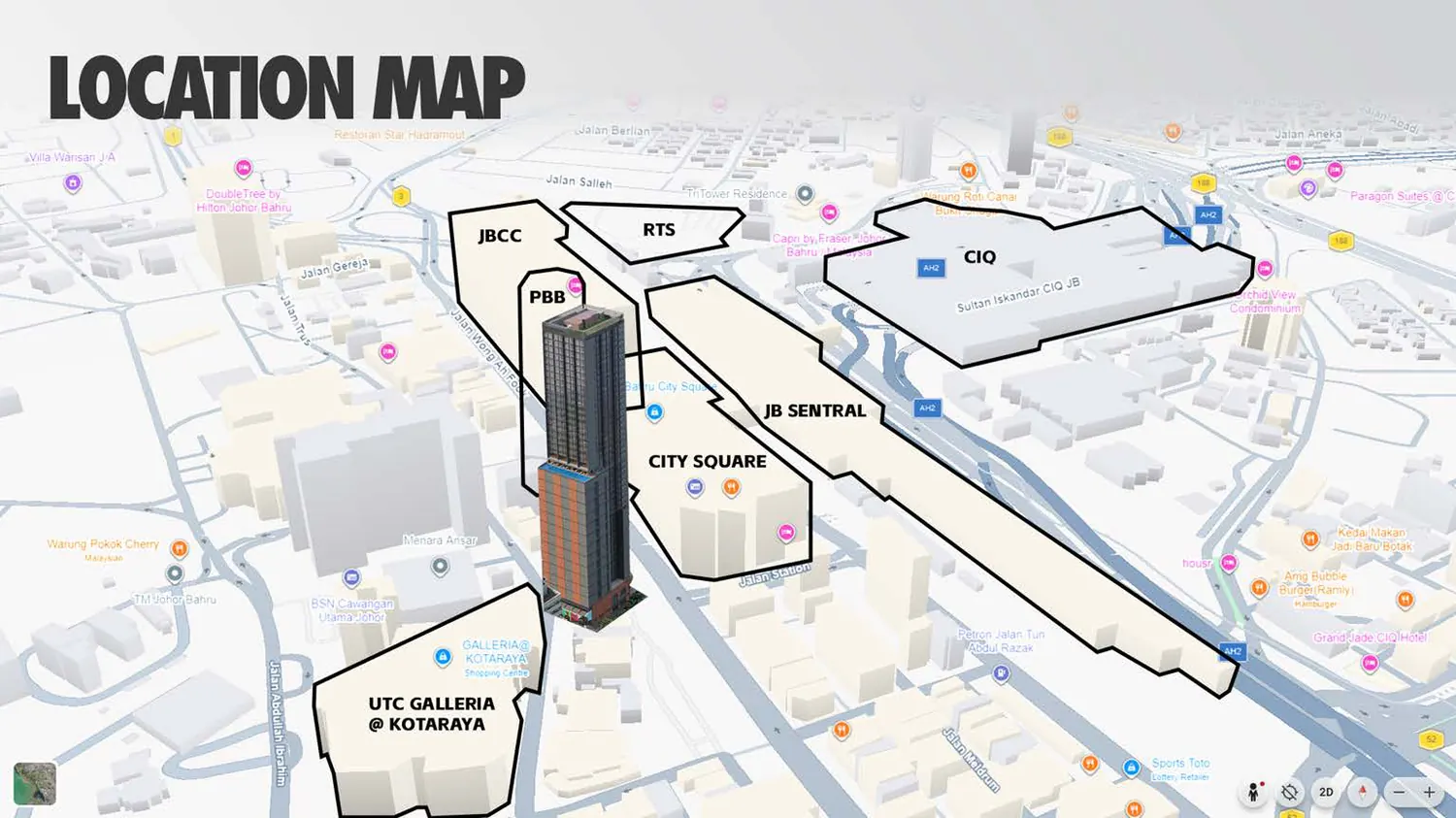 3D location map showing JBCC, RTS, CIQ, JB Sentral and City Square